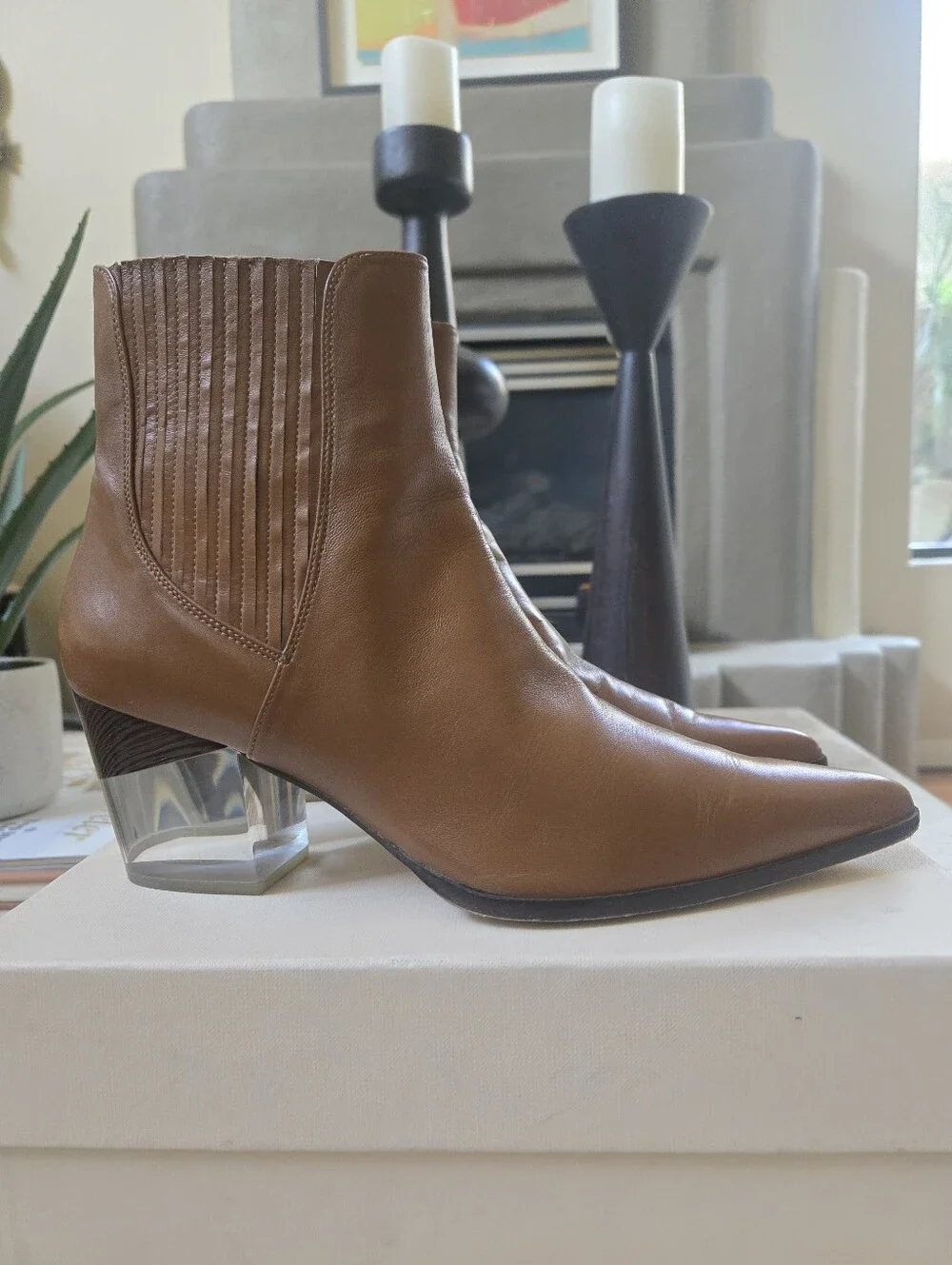 *Birman* Bravo Ankle Bootie with Clear Block Heel In Cognac Leather - Size 9/40